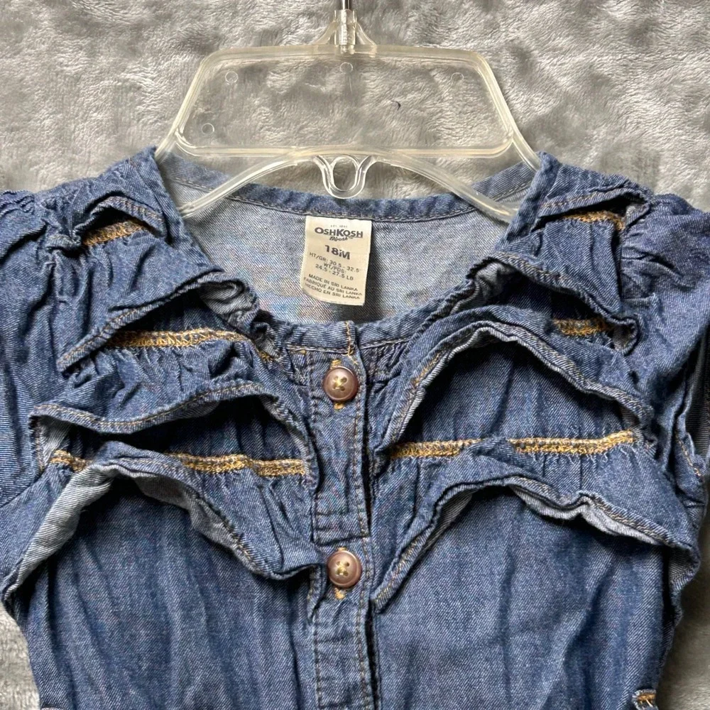 OshKosh B'Gosh Denim Dress 18M Blue Striped‎ Belt Sleeveless Ruffle Girls